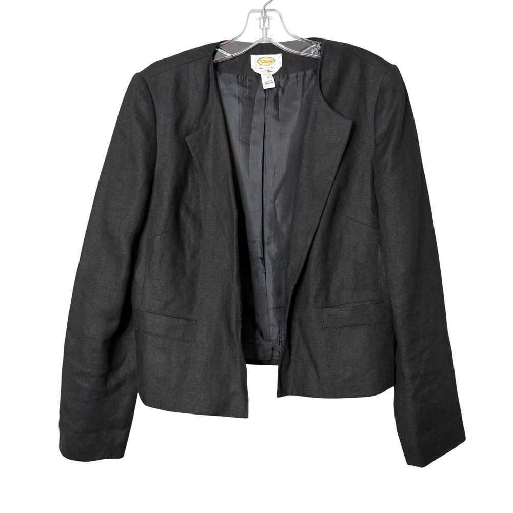 Talbots Blazer Womens 10 Black Irish Linen Open Front Cropped Tailored Jacket